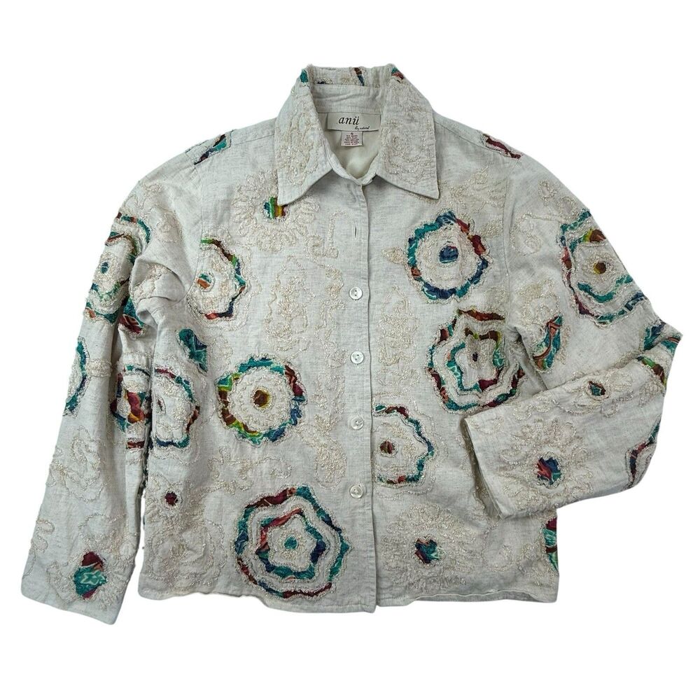 ANU by Natural Flax Embroidered Applique Boucle Jacket Small Boxy Art to Wear